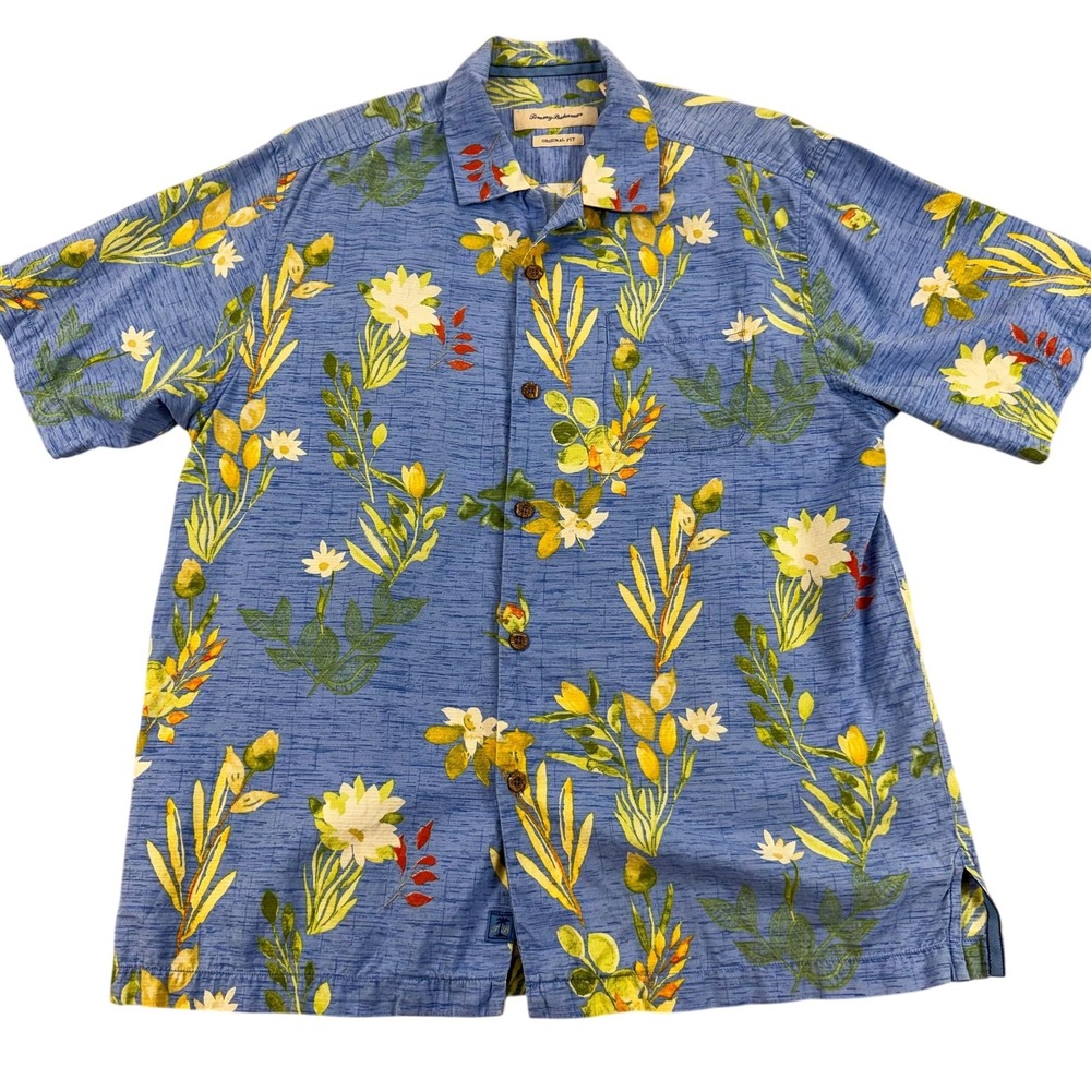Tommy Bahama Shirt Mens Medium Blue Floral Silk Blend Short Sleeve Hawaii Aloha